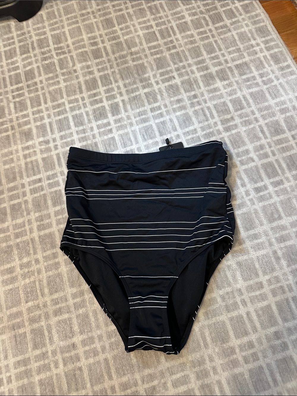 Janela Bay High-Waist Black Striped Swim Bottoms Women Small NWT